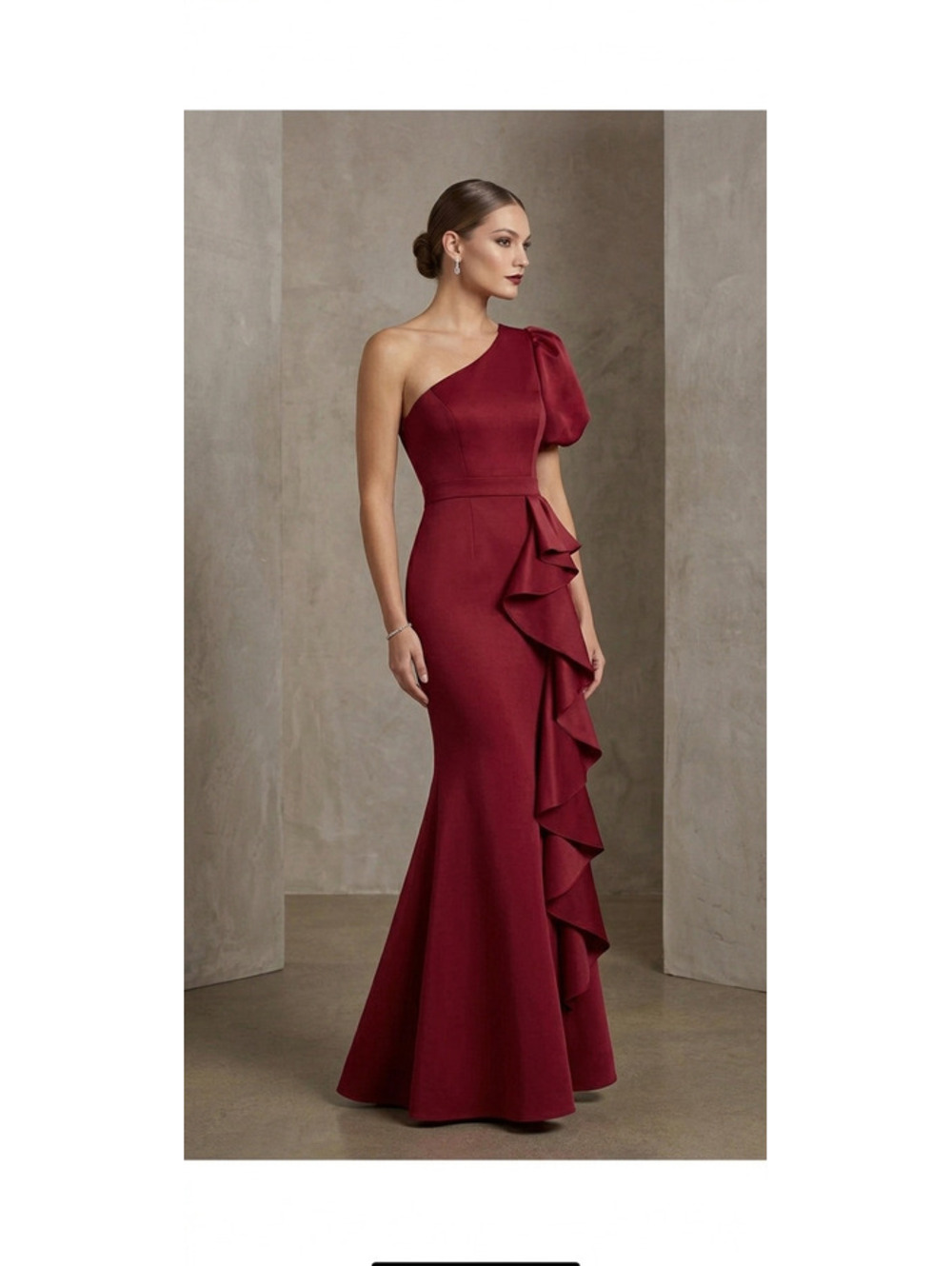 Elegant Burgundy One-Shoulder Evening Gown with Ruffle Detail - Picture 1 of 4